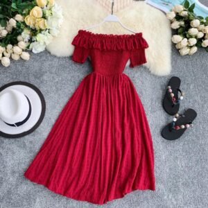 Off-Shoulder Pleated Waist Dress